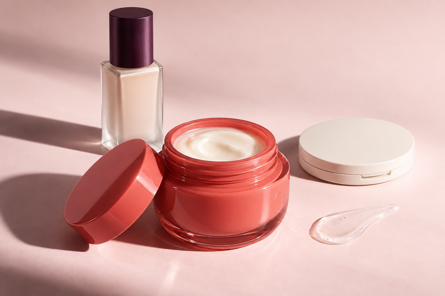 Illustrative coral, plum and ivory beauty products in directional light