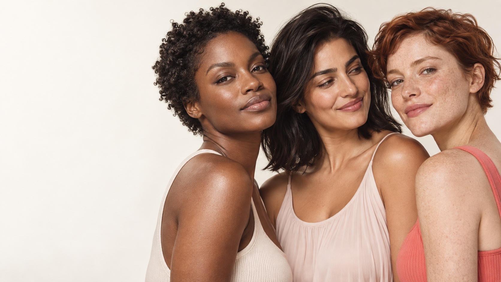 Beauty campaign with three women, individual expressions and natural skin texture
