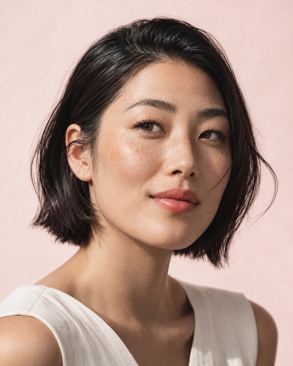 Beauty portrait with natural skin texture against a shell-pink backdrop