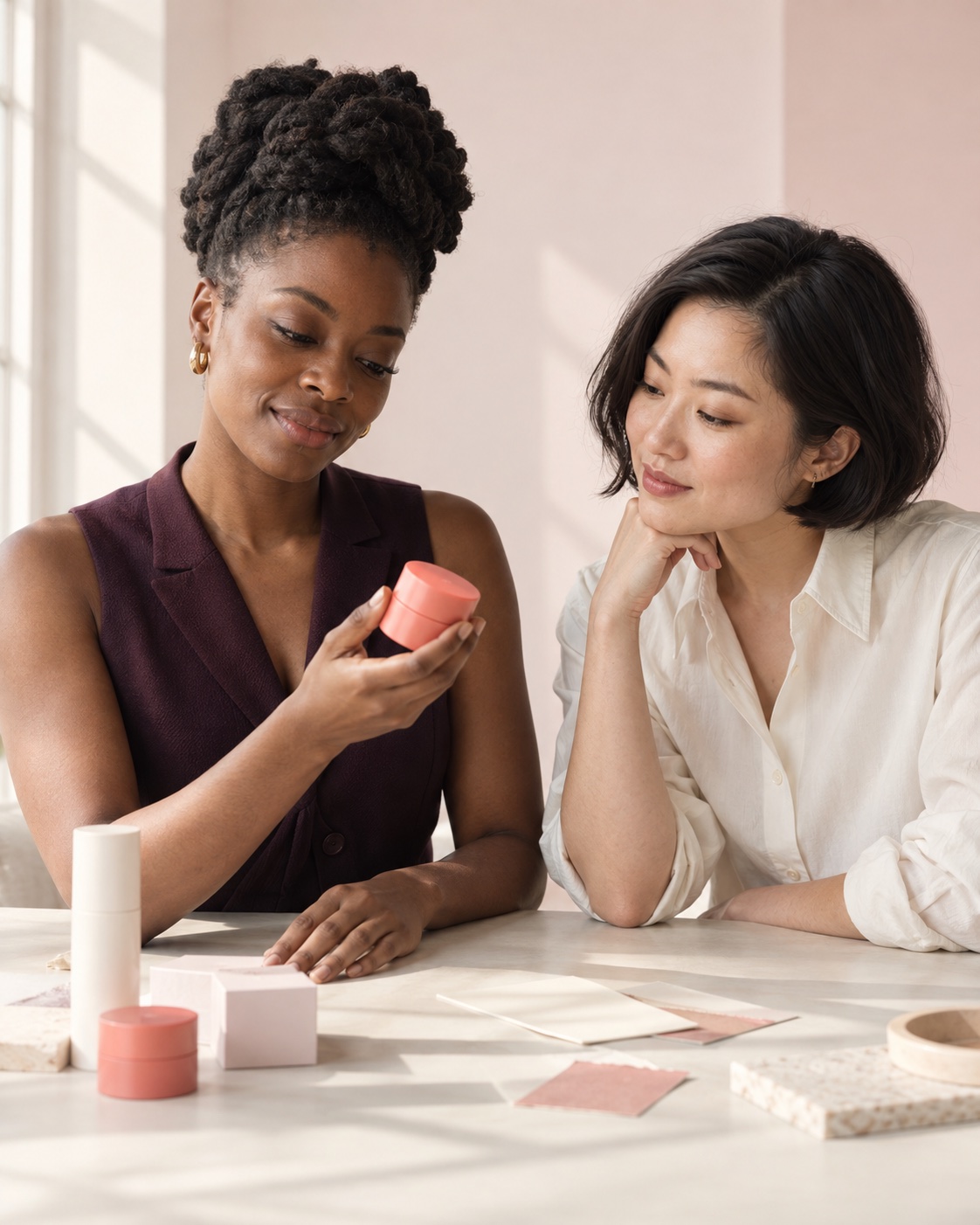 Illustrative studio scene of two collaborators reviewing beauty packaging